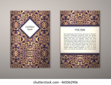 Flyer template with abstract ornament pattern. Vector greeting card design. Front page and back page.