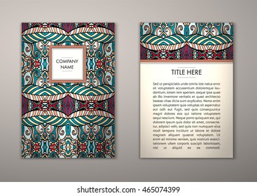 Flyer template with abstract ornament pattern. Vector greeting card design. Front page and back page.