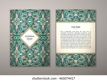 Flyer template with abstract ornament pattern. Vector greeting card design. Front page and back page.