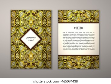 Flyer template with abstract ornament pattern. Vector greeting card design. Front page and back page.