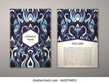 Flyer template with abstract ornament pattern. Vector greeting card design. Front page and back page.