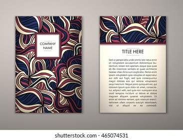 Flyer template with abstract ornament pattern. Vector greeting card design. Front page and back page.