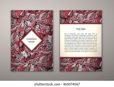 Flyer template with abstract ornament pattern. Vector greeting card design. Front page and back page.