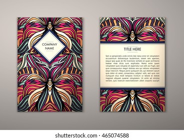 Flyer template with abstract ornament pattern. Vector greeting card design. Front page and back page.