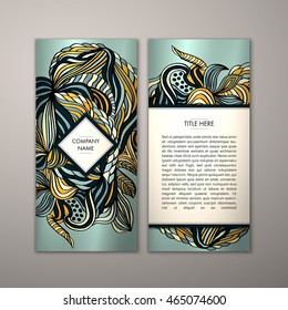 Flyer template with abstract ornament pattern. Vector greeting card design. Front page and back page.