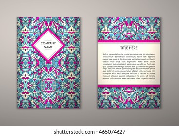 Flyer template with abstract ornament pattern. Vector greeting card design. Front page and back page.