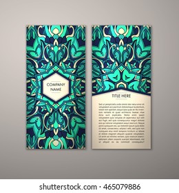 Flyer template with abstract ornament pattern. Vector greeting card design. Front page and back page.