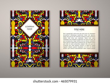 Flyer template with abstract ornament pattern. Vector greeting card design. Front page and back page.