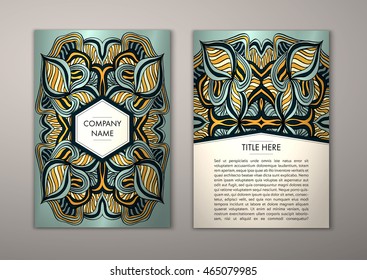 Flyer template with abstract ornament pattern. Vector greeting card design. Front page and back page.