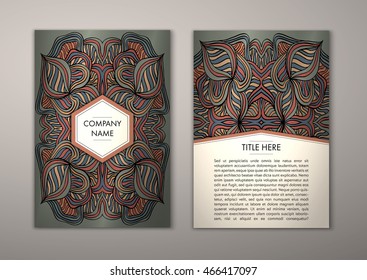 Flyer template with abstract ornament pattern. Vector greeting card design. Front page and back page.