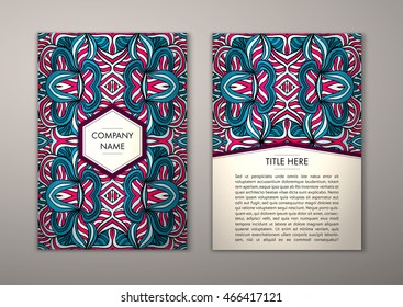Flyer template with abstract ornament pattern. Vector greeting card design. Front page and back page.