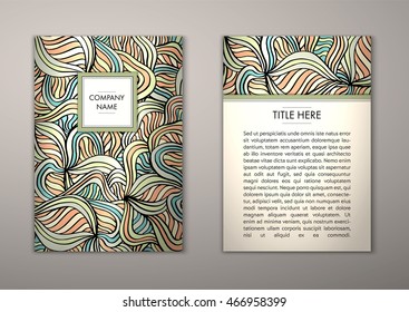 Flyer template with abstract ornament pattern. Vector greeting card design. Front page and back page.