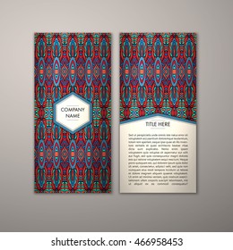 Flyer template with abstract ornament pattern. Vector greeting card design. Front page and back page.