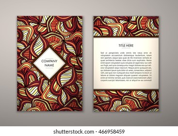 Flyer template with abstract ornament pattern. Vector greeting card design. Front page and back page.