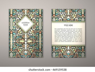Flyer template with abstract ornament pattern. Vector greeting card design. Front page and back page.