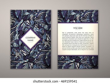 Flyer template with abstract ornament pattern. Vector greeting card design. Front page and back page.