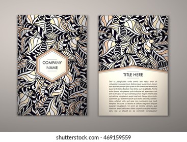 Flyer template with abstract ornament pattern. Vector greeting card design. Front page and back page.