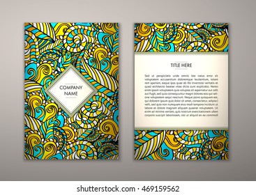 Flyer template with abstract ornament pattern. Vector greeting card design. Front page and back page.