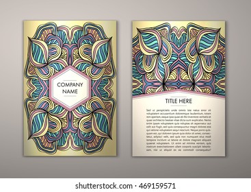 Flyer template with abstract ornament pattern. Vector greeting card design. Front page and back page.