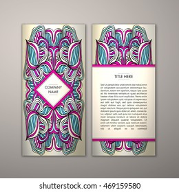 Flyer template with abstract ornament pattern. Vector greeting card design. Front page and back page.