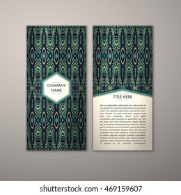 Flyer template with abstract ornament pattern. Vector greeting card design. Front page and back page.