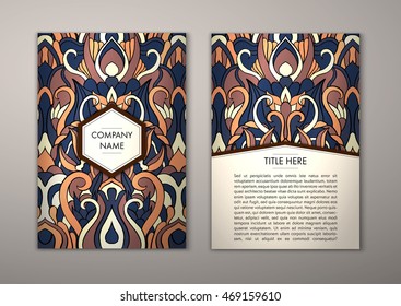 Flyer template with abstract ornament pattern. Vector greeting card design. Front page and back page.