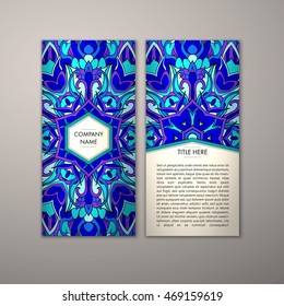 Flyer template with abstract ornament pattern. Vector greeting card design. Front page and back page.