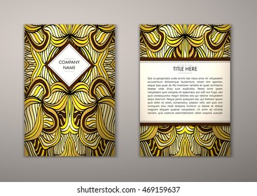 Flyer template with abstract ornament pattern. Vector greeting card design. Front page and back page.