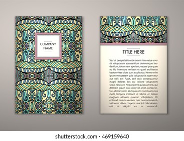 Flyer template with abstract ornament pattern. Vector greeting card design. Front page and back page.