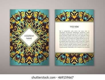 Flyer template with abstract ornament pattern. Vector greeting card design. Front page and back page.