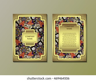 Flyer template with abstract ornament pattern. Greeting card design. Front page and back page. Vector.
