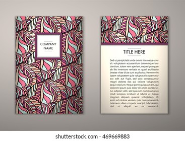 Flyer template with abstract ornament pattern. Vector greeting card design. Front page and back page.