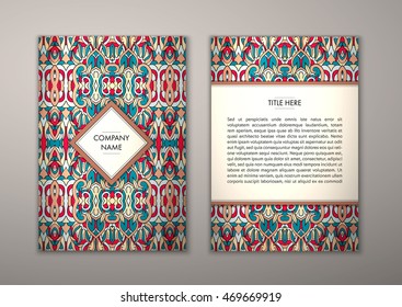 Flyer template with abstract ornament pattern. Vector greeting card design. Front page and back page.