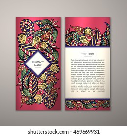 Flyer template with abstract ornament pattern. Vector greeting card design. Front page and back page.