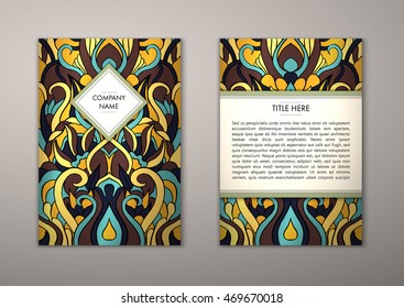 Flyer template with abstract ornament pattern. Vector greeting card design. Front page and back page.