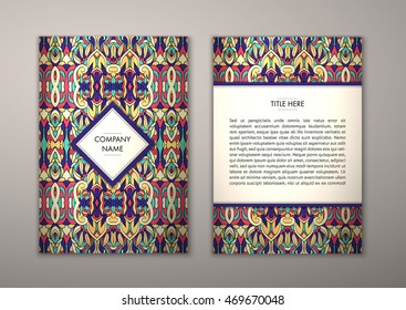 Flyer template with abstract ornament pattern. Vector greeting card design. Front page and back page.