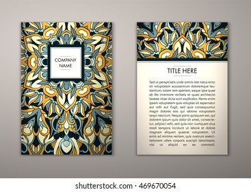 Flyer template with abstract ornament pattern. Vector greeting card design. Front page and back page.