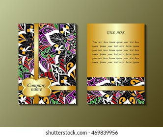 Flyer template with abstract ornament pattern. Greeting card design. Front page and back page. Vector.