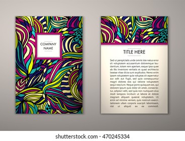 Flyer template with abstract ornament pattern. Vector greeting card design. Front page and back page.