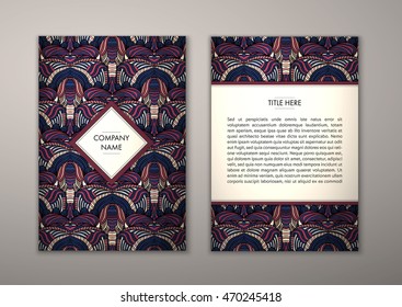 Flyer template with abstract ornament pattern. Vector greeting card design. Front page and back page.