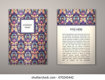 Flyer template with abstract ornament pattern. Vector greeting card design. Front page and back page.
