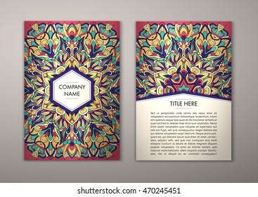 Flyer template with abstract ornament pattern. Vector greeting card design. Front page and back page.