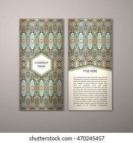 Flyer template with abstract ornament pattern. Vector greeting card design. Front page and back page.