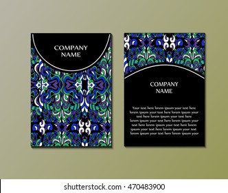Flyer template with abstract ornament pattern. Greeting card design. Front page and back page. Vector.