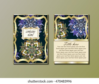 Flyer template with abstract ornament pattern. Greeting card design. Front page and back page. Vector.