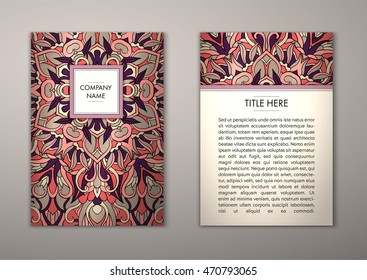 Flyer template with abstract ornament pattern. Vector greeting card design. Front page and back page.