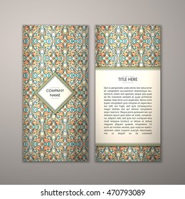 Flyer template with abstract ornament pattern. Vector greeting card design. Front page and back page.
