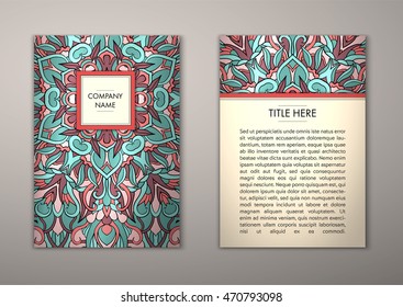 Flyer template with abstract ornament pattern. Vector greeting card design. Front page and back page.