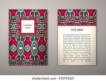 Flyer template with abstract ornament pattern. Vector greeting card design. Front page and back page.