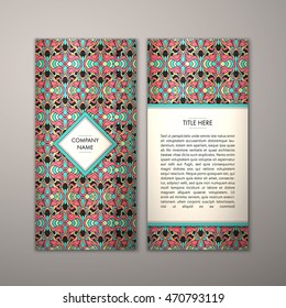 Flyer template with abstract ornament pattern. Vector greeting card design. Front page and back page.